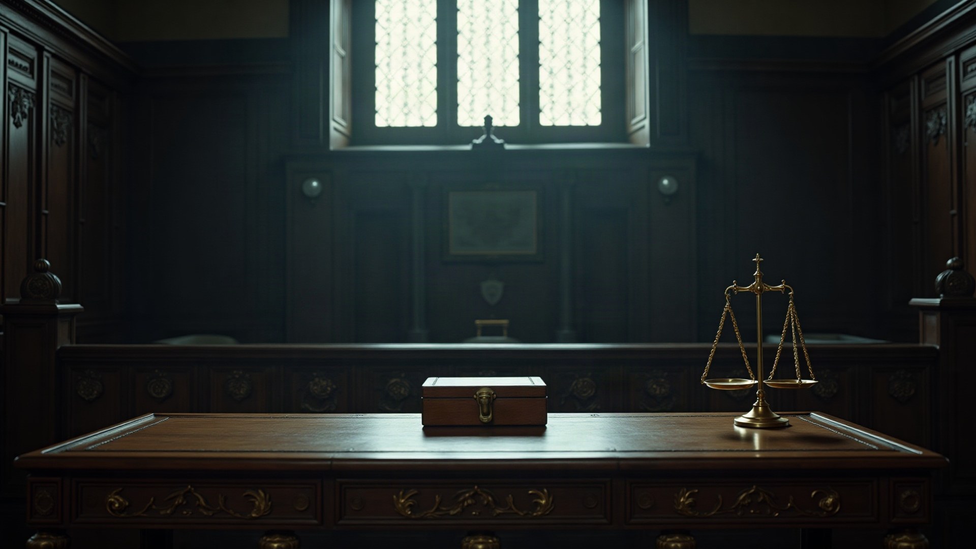 Salle d'audience anglaise lambrissée, une boîte de scellés et une balance en laiton sur la table du greffier