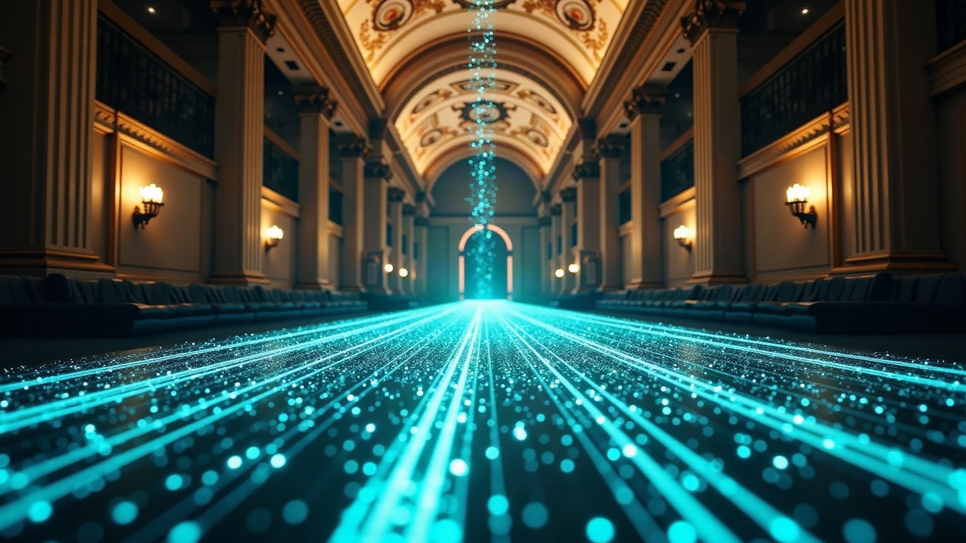 Salle de Bourse classique déserte la nuit, traversée par des flux de particules numériques lumineuses