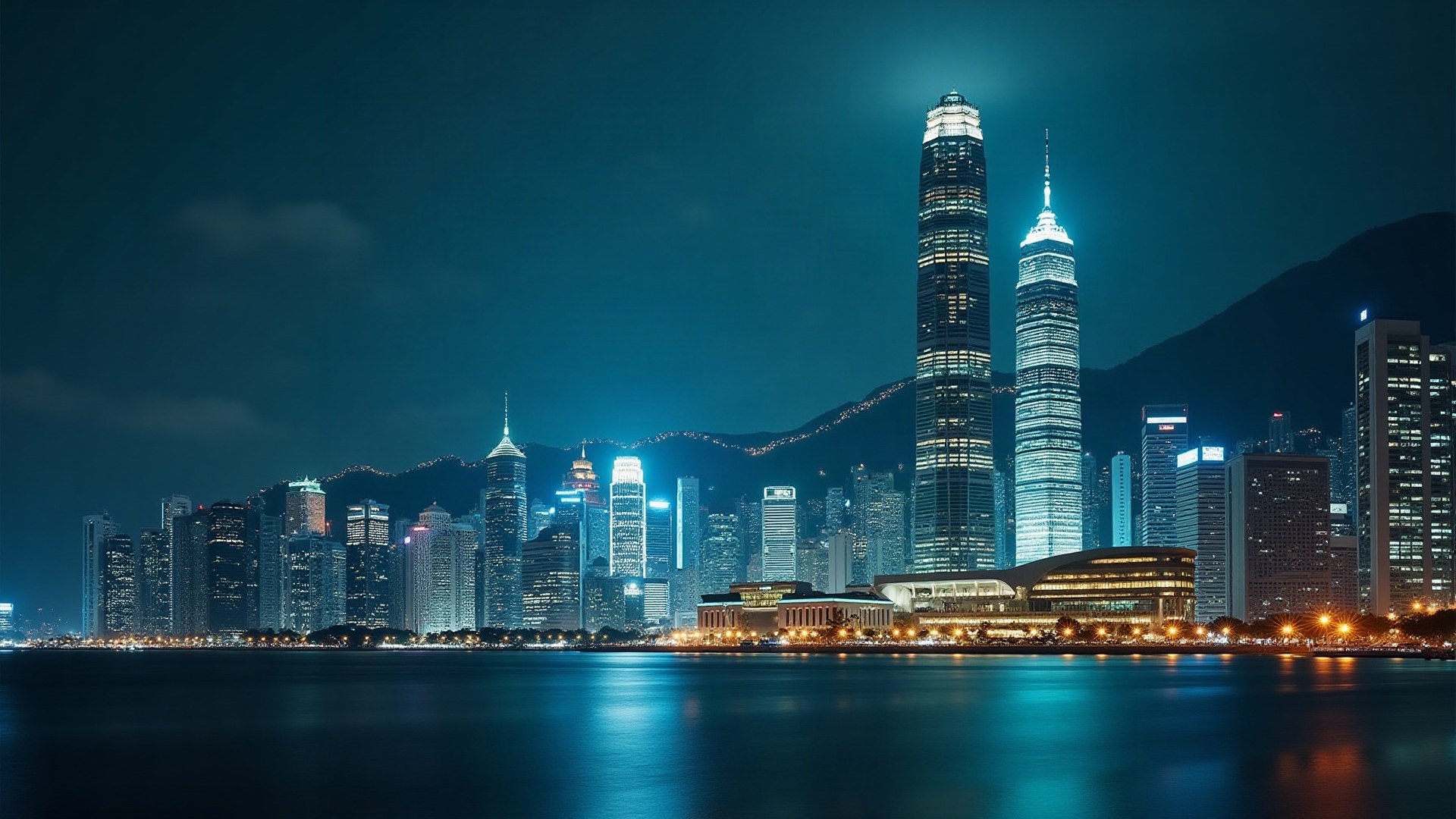 Skyline d'un quartier d'affaires asiatique illuminé la nuit, reflété dans l'eau d'une baie