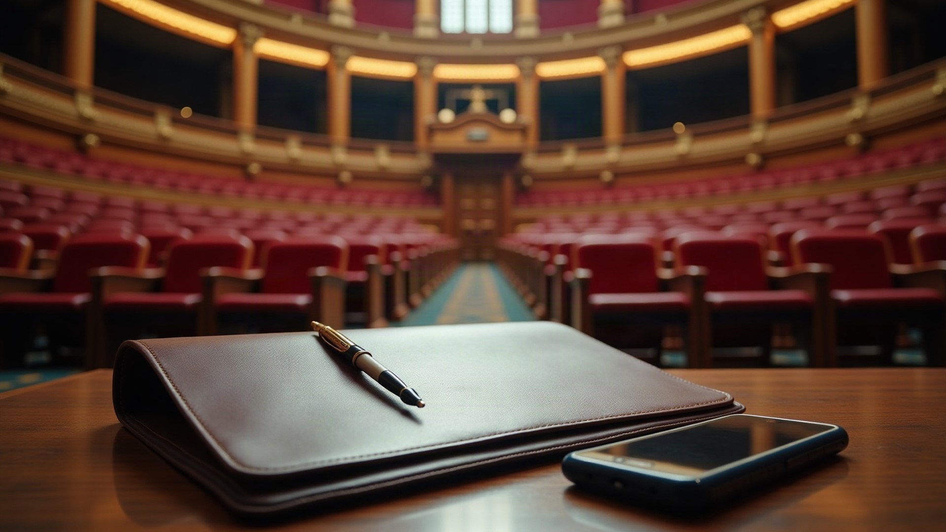 Hémicycle parlementaire aux sièges de velours rouge, un dossier en cuir et un smartphone au premier plan