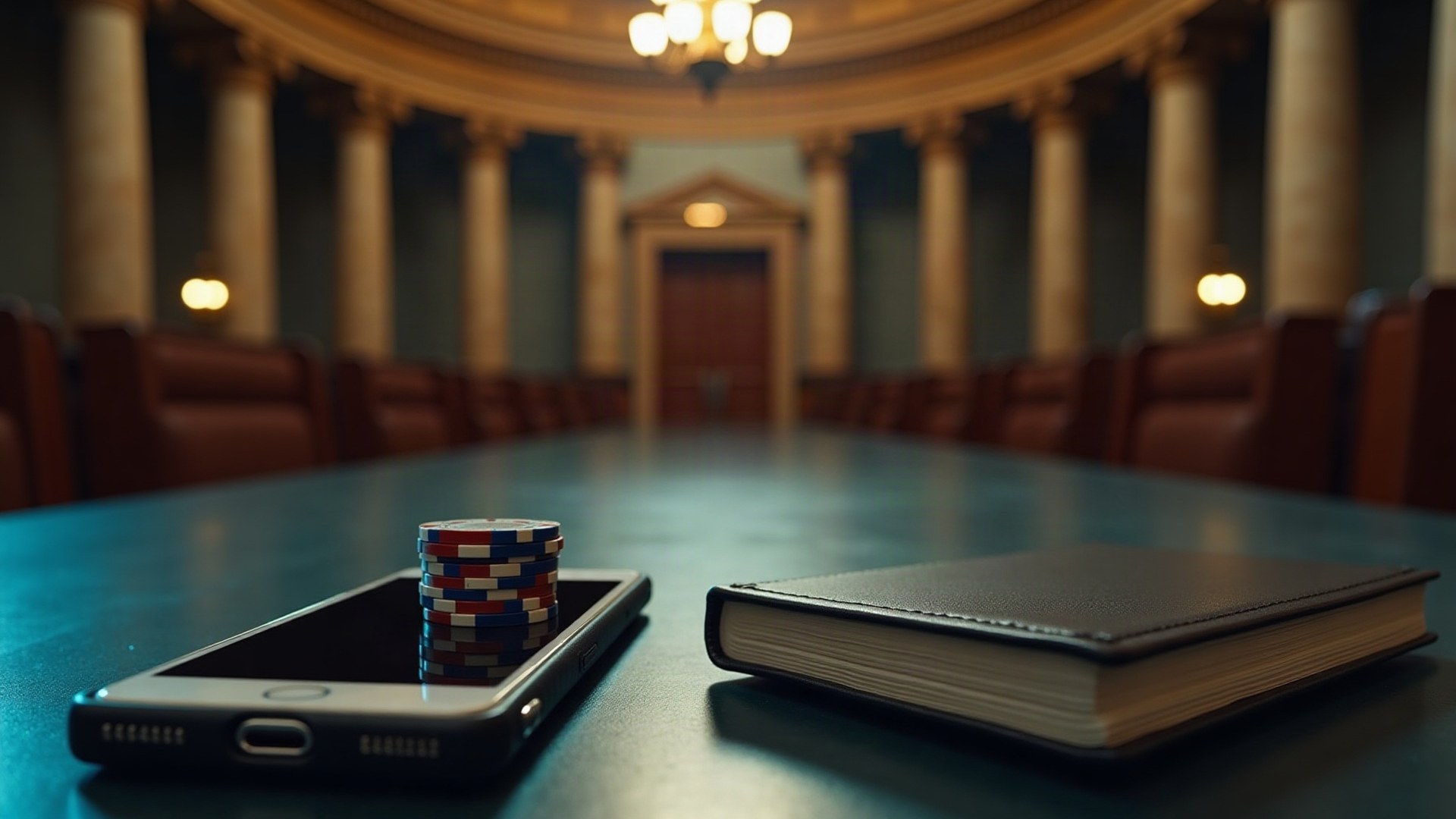 Table d'audience d'un bâtiment officiel à colonnes, un smartphone et une pile de jetons de casino posés à côté d'un classeur juridique
