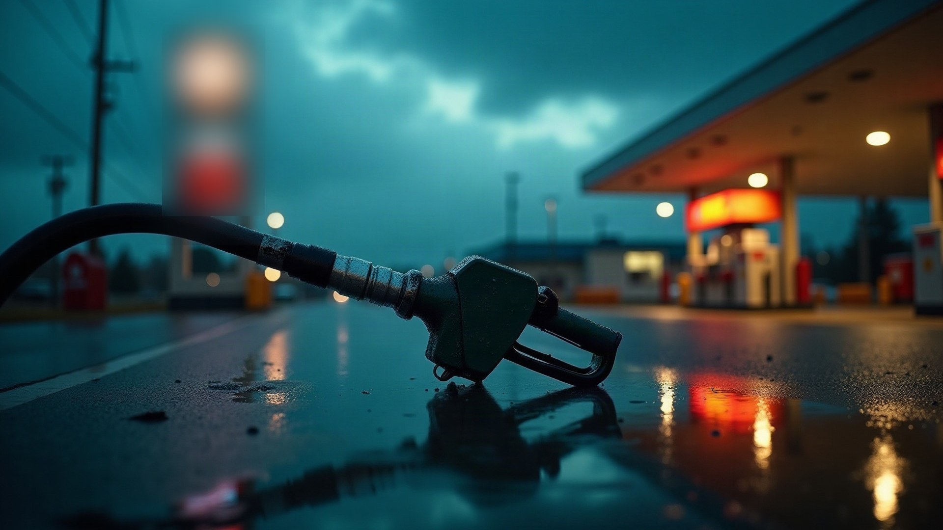 Pistolet de pompe à essence posé sur le bitume mouillé d'une station-service la nuit, sous un ciel d'orage