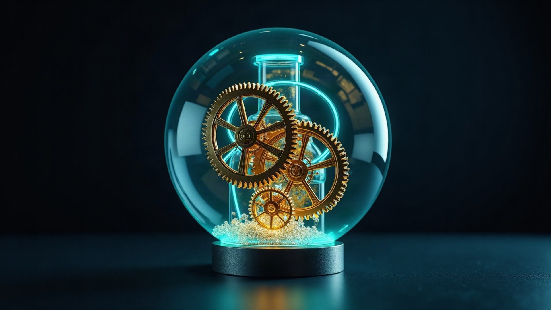 Engrenages en laiton et conduits lumineux cyan à l'intérieur d'une sphère de verre sur fond sombre