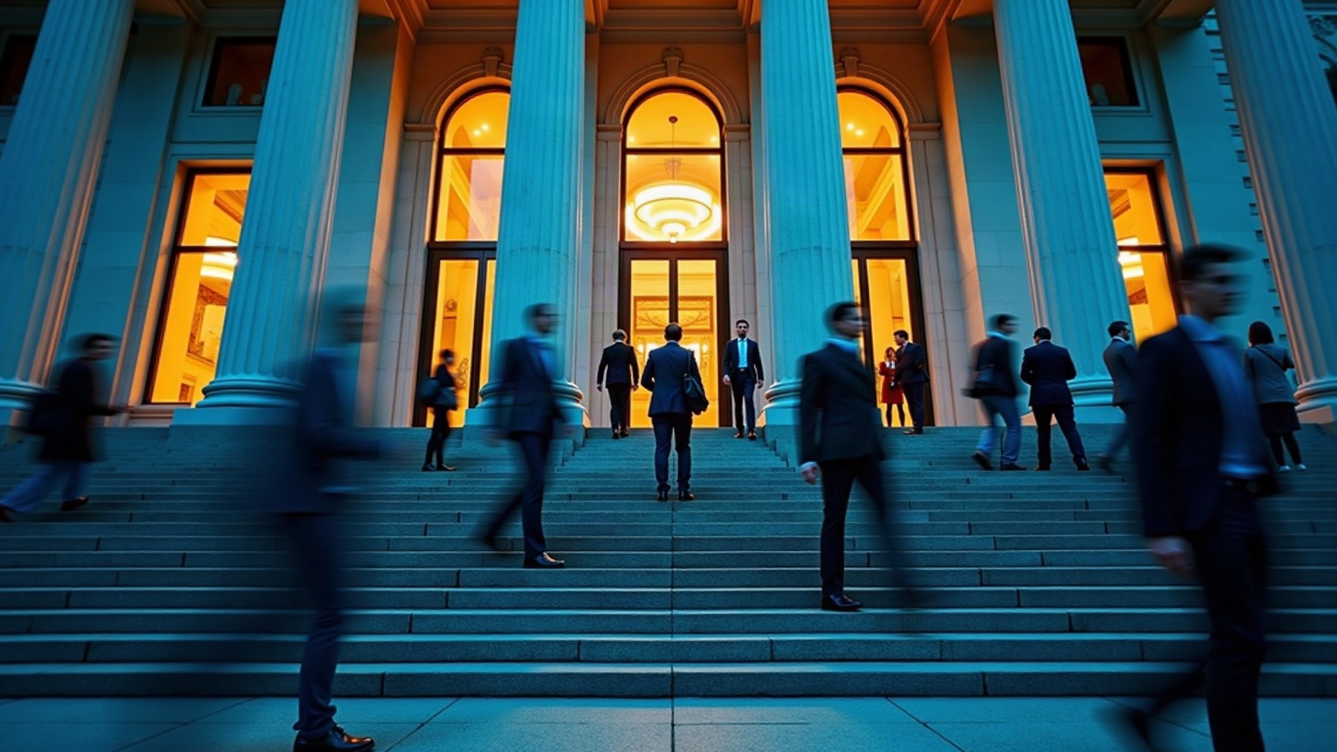 Façade à colonnes d'une Bourse à l'heure bleue, des investisseurs en costume descendent les marches