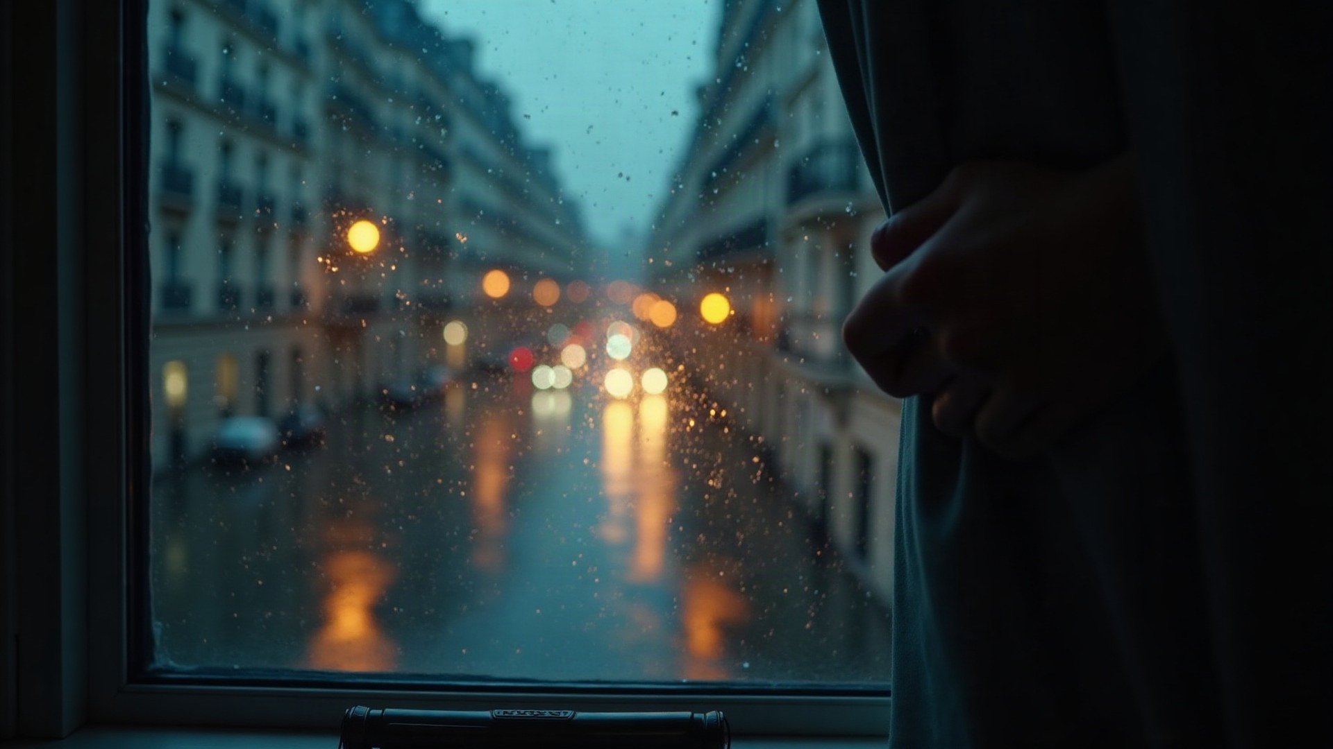 Rue parisienne pluvieuse la nuit vue depuis un appartement sombre, une main écartant un rideau