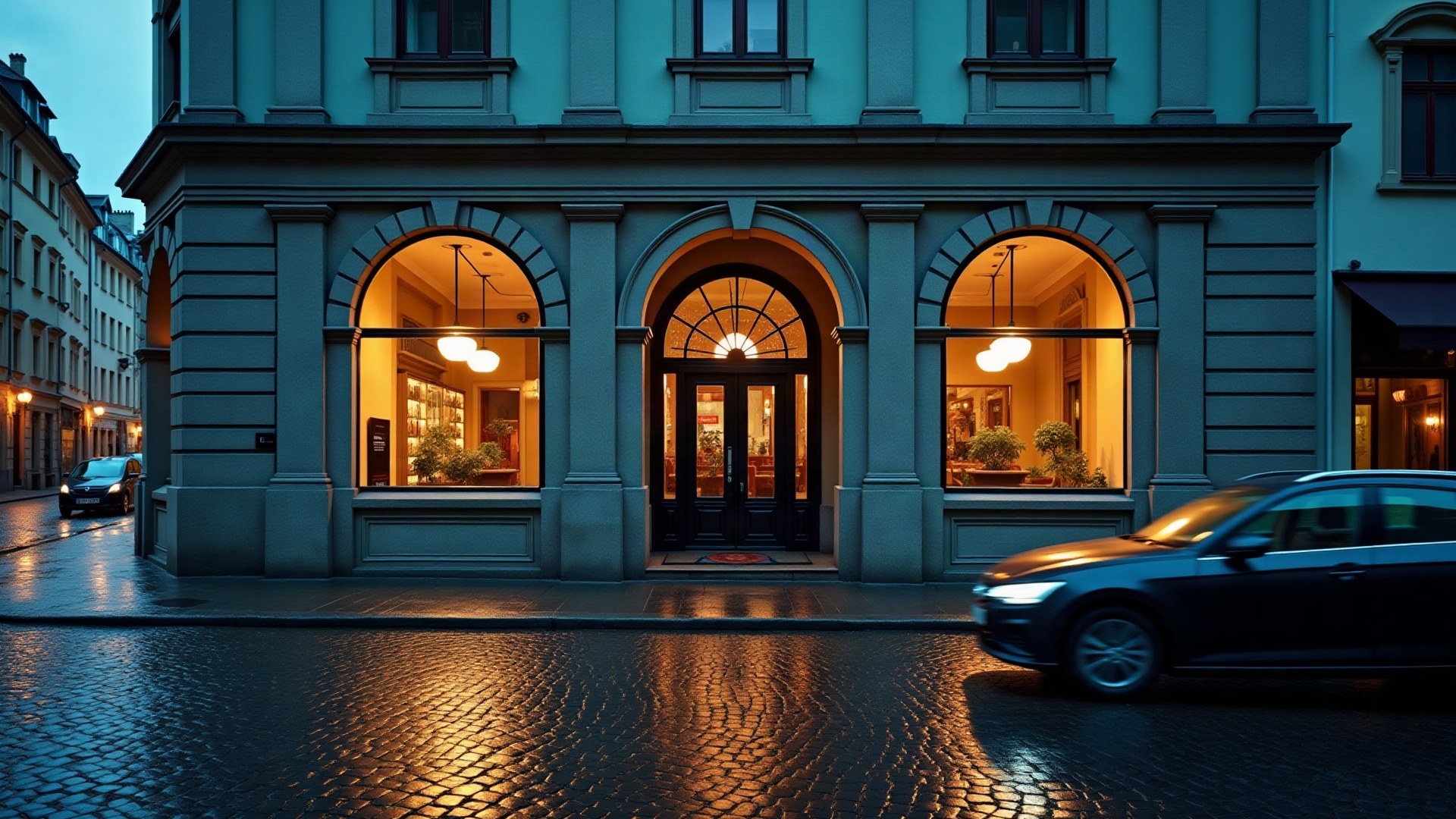 Façade d'une banque dans une vieille ville balte au crépuscule, une voiture sombre passant sur les pavés mouillés