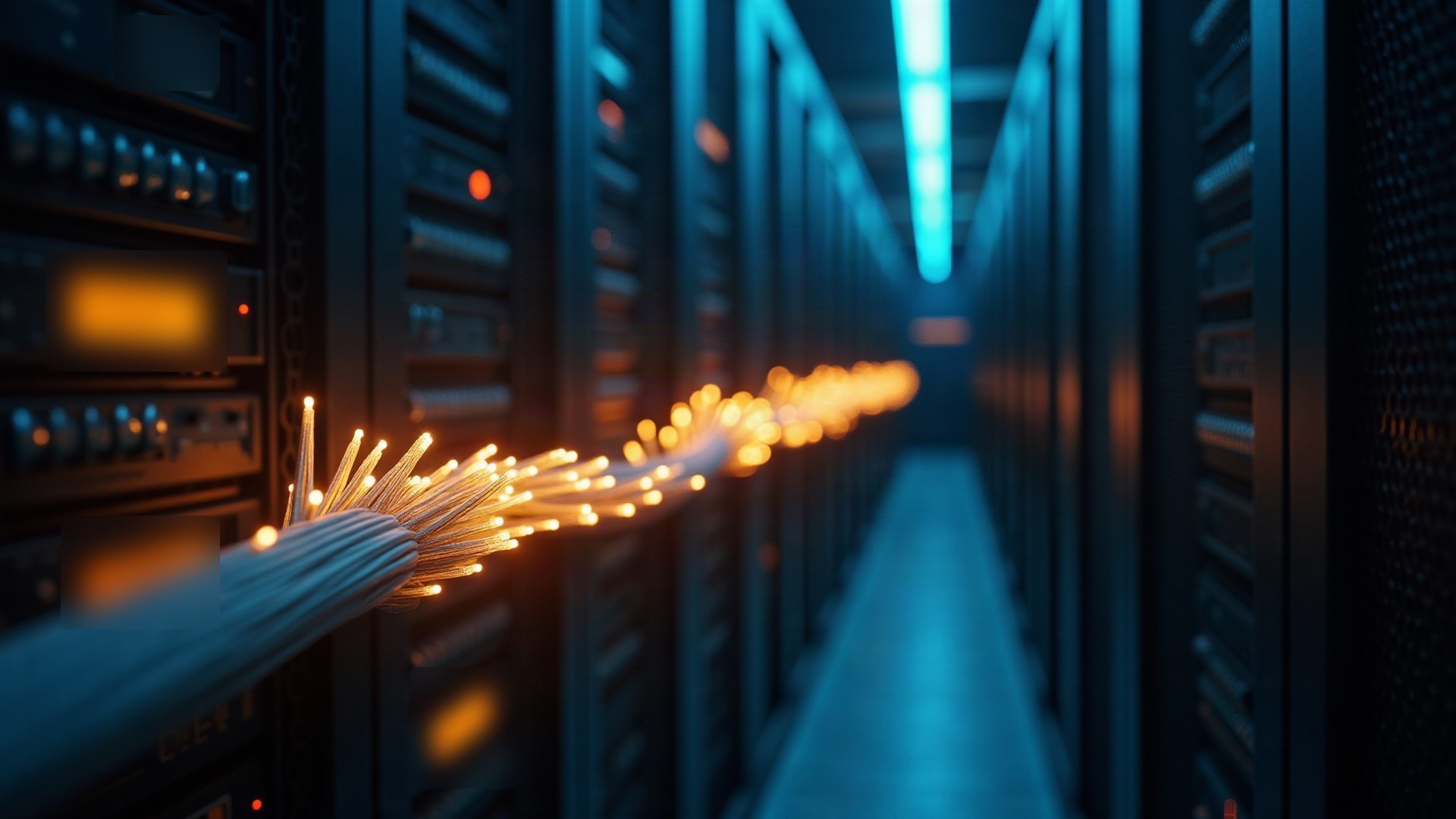 Faisceaux de fibres optiques lumineuses convergeant en un seul câble dans une salle de serveurs