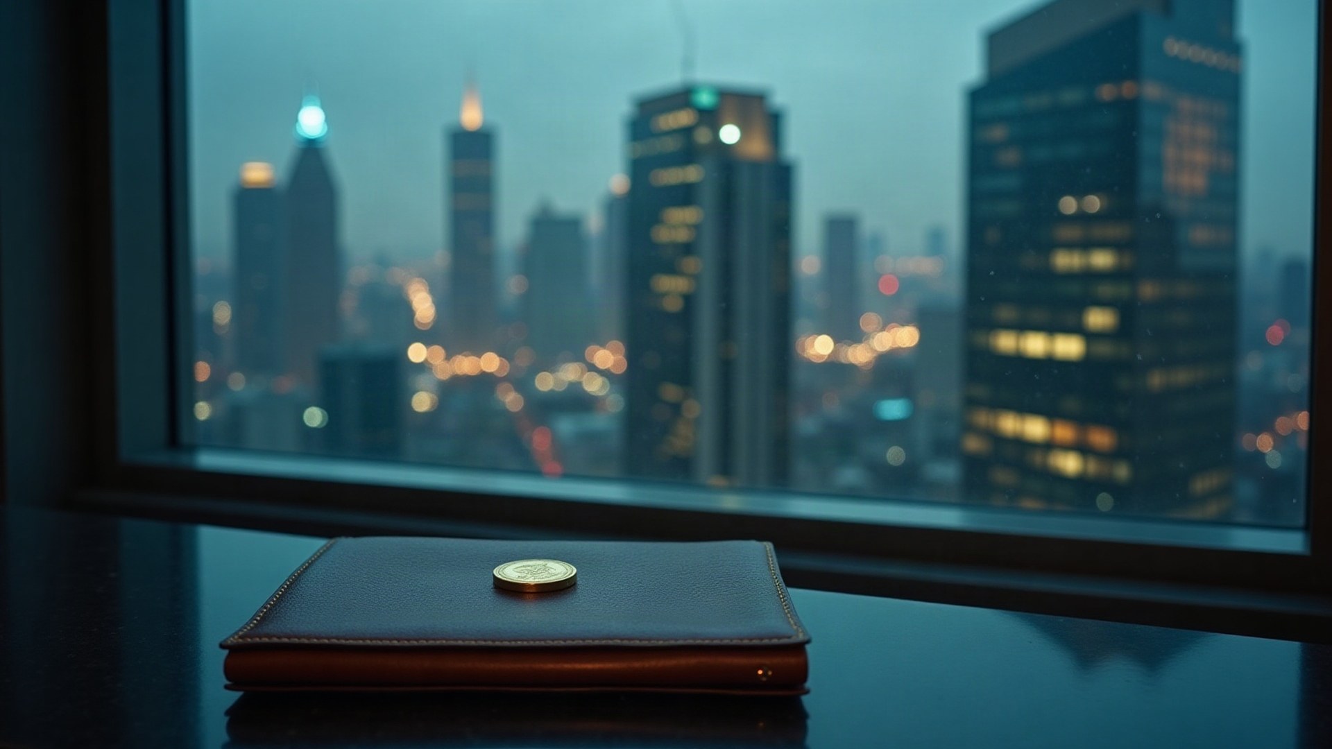 Bureau vide en haut d'une tour de Tokyo sous la pluie, une pièce d'or posée sur un porte-documents en cuir