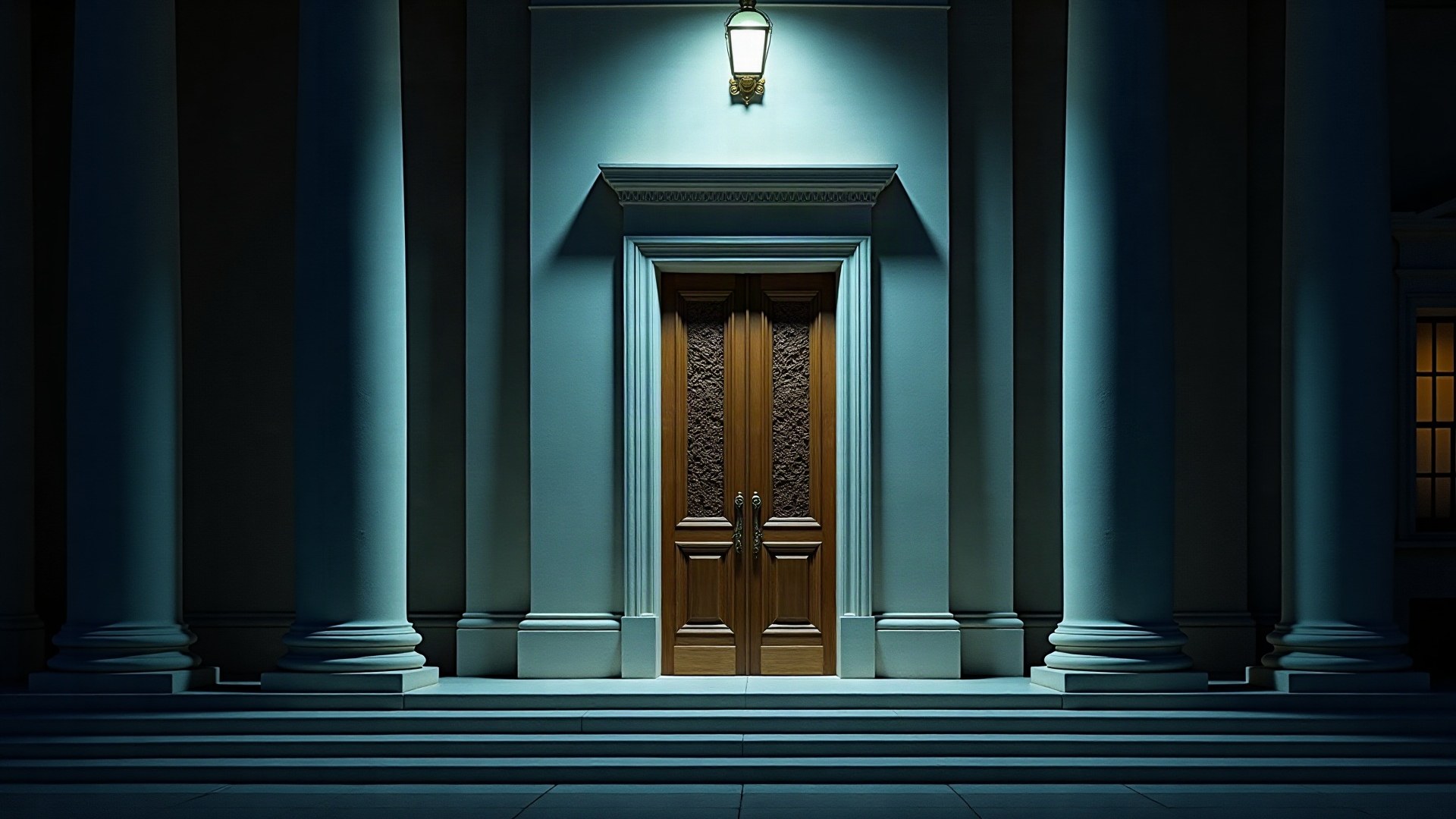 Porte en bronze fermée d'un bâtiment fédéral néoclassique la nuit, sous un unique projecteur