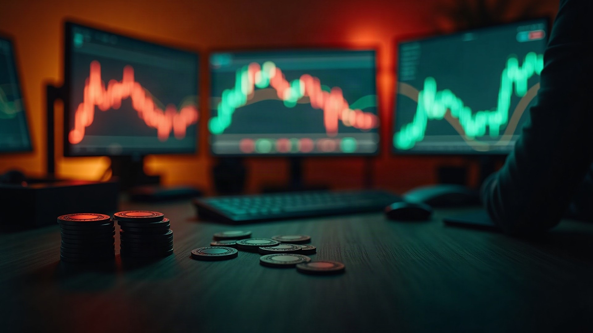 Bureau de trading nocturne, écrans de courbes et piles de jetons de casino au premier plan