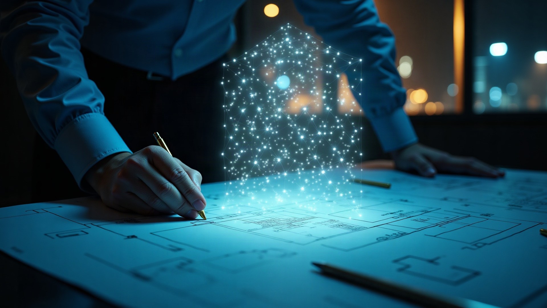 Table d'ingénieur couverte de plans vierges, une structure géométrique lumineuse flottant au-dessus