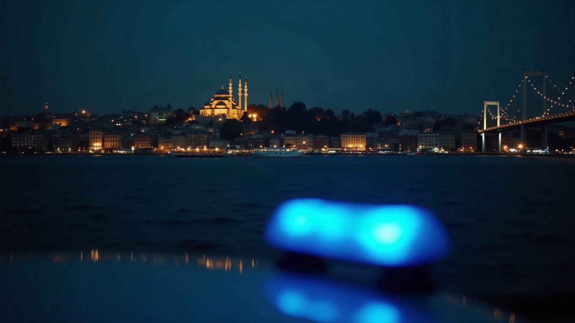 Vue nocturne du Bosphore à Istanbul, gyrophare bleu flou au premier plan