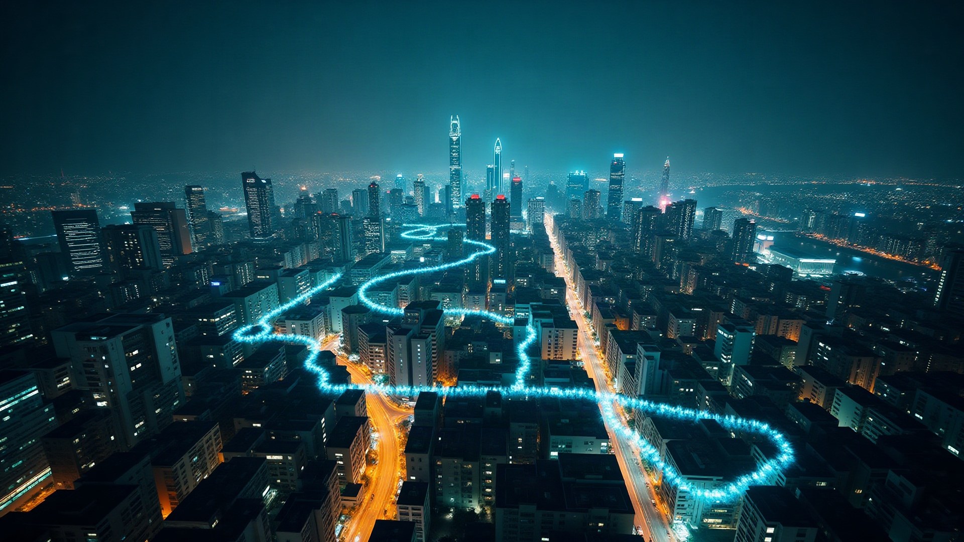 Vue aérienne nocturne d'une métropole traversée de traînées lumineuses cyan reliant les tours
