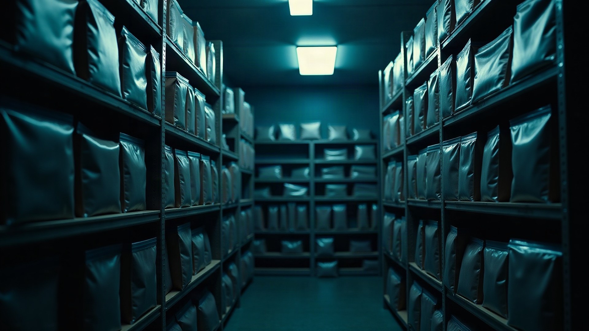 Salle de stockage de pièces à conviction aux étagères remplies de sacs de scellés, sous une lumière froide