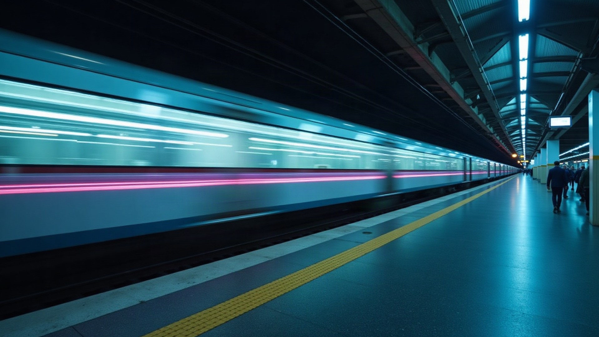Train à grande vitesse filant dans une gare futuriste la nuit, traînées de lumière cyan et violette