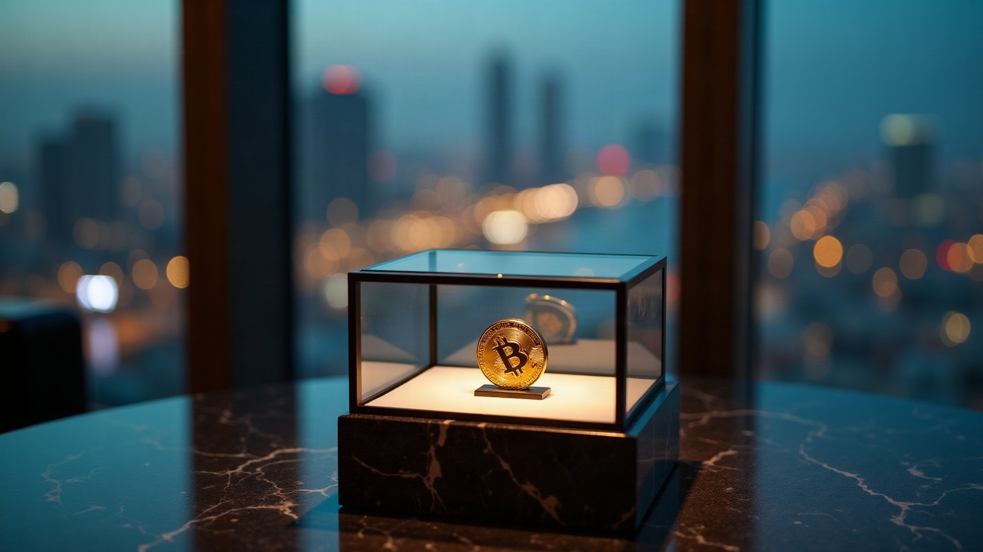 Pièce d'or enfermée dans une vitrine en verre sur une table en marbre, la ville du Golfe au crépuscule en arrière-plan