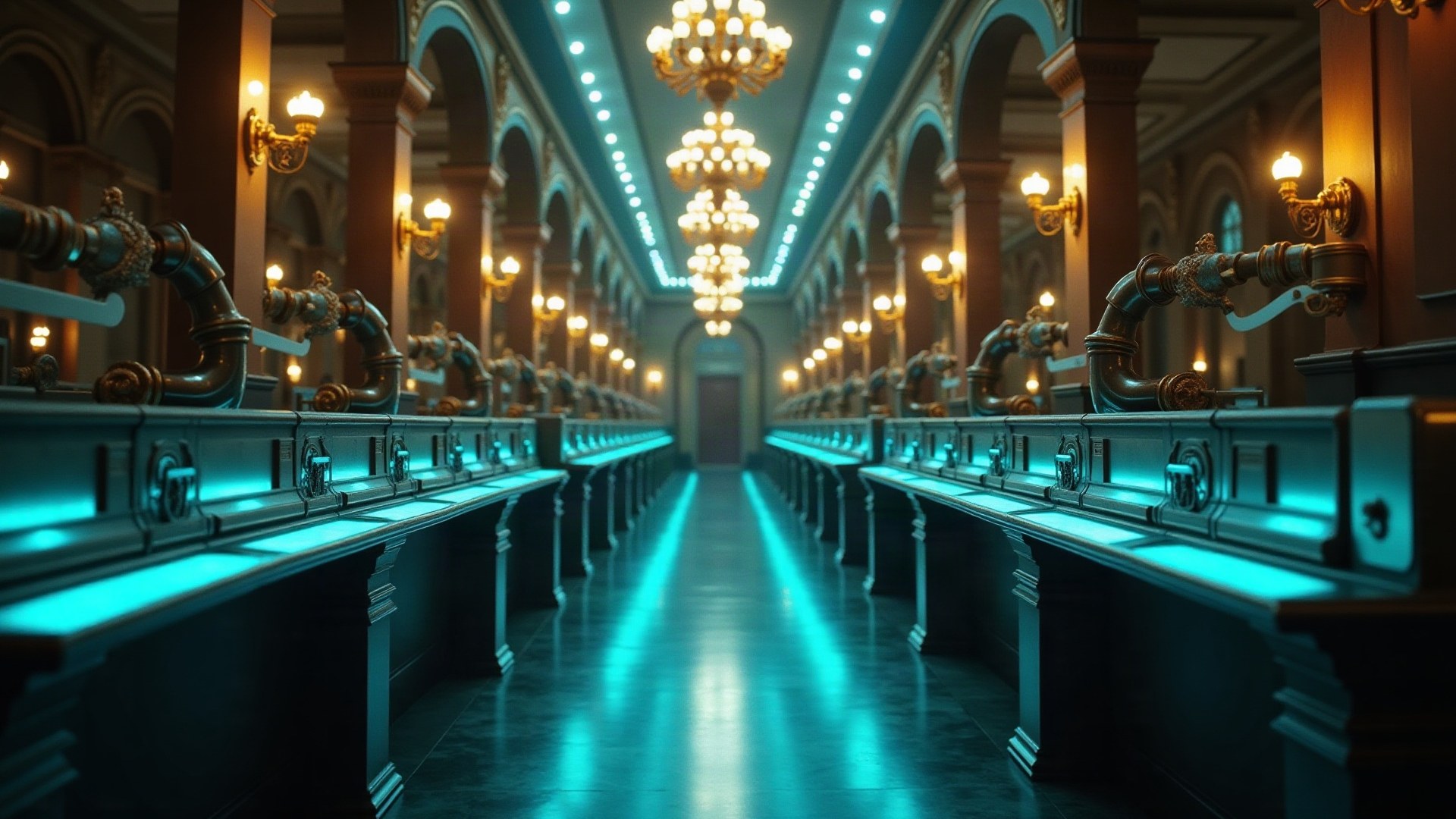 Ancienne salle de compensation bancaire aux tubes de laiton parcourus de flux lumineux bleus