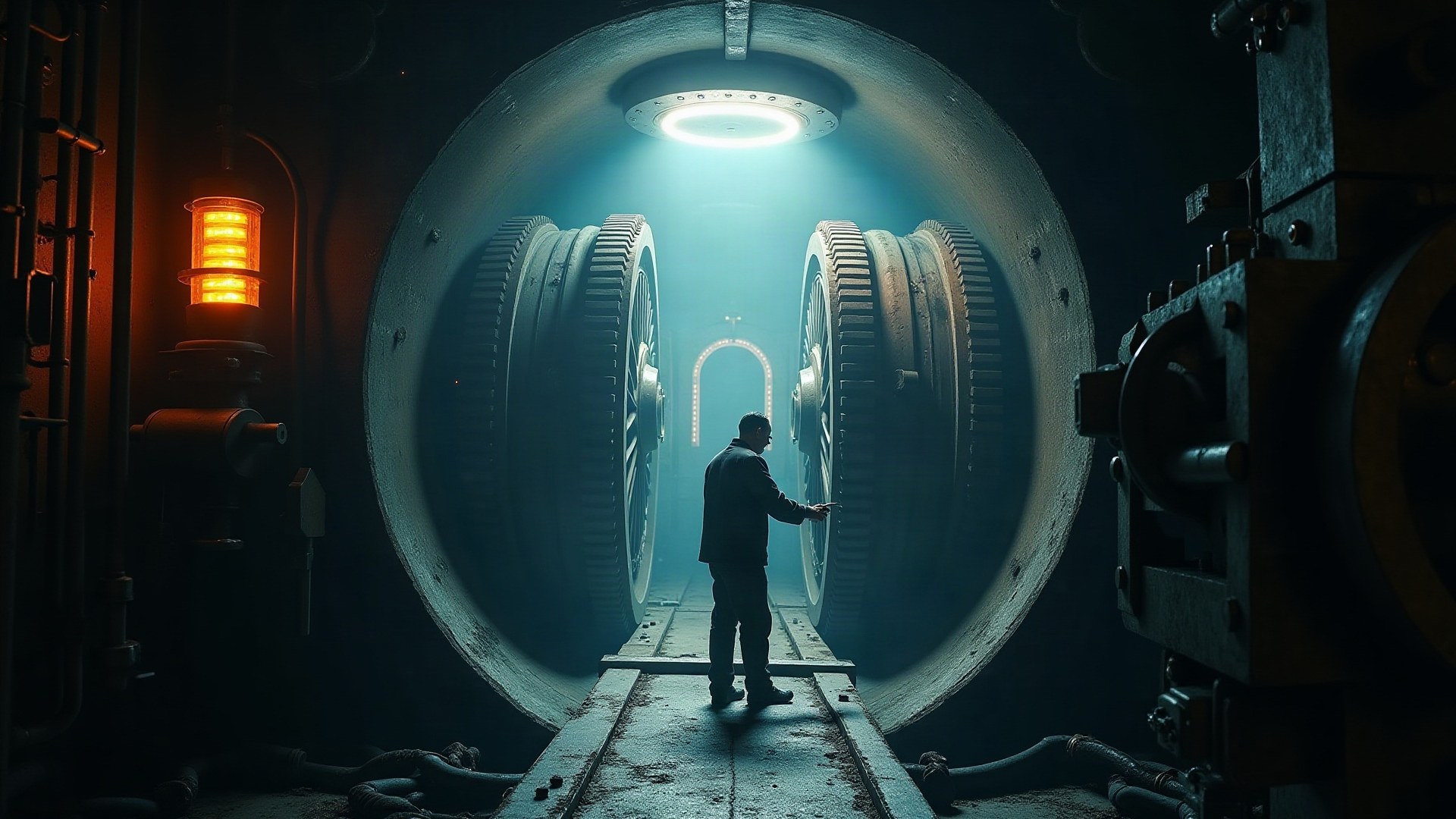 Technicien en silhouette réparant d'urgence d'immenses engrenages dans une salle des machines éclairée par un gyrophare orange